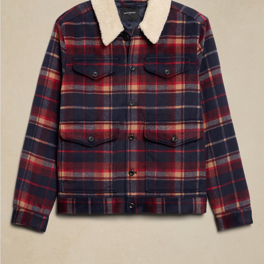 Red and Blue Lightweight Plaid Jacket with Warm Sherpa Collar